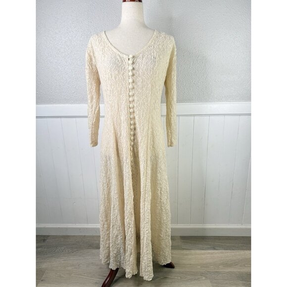 Vtg 90s Lace Romantic Dress Sz L Button Front Tie Back Victorian Fairy Whimsical - Picture 2 of 16